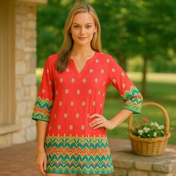 Isle by Melis Kozan Dresses & Skirts - Isle by Melis Kozan Boho Abstract Caftan Dress L Coral Tropical Resort Tunic